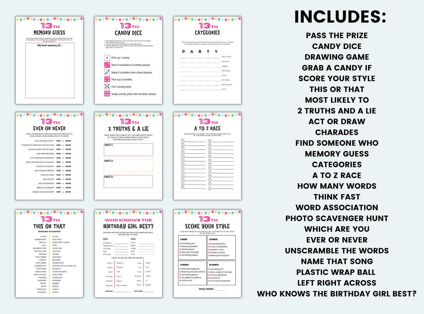 printable 13th Birthday Party Games Bundle.