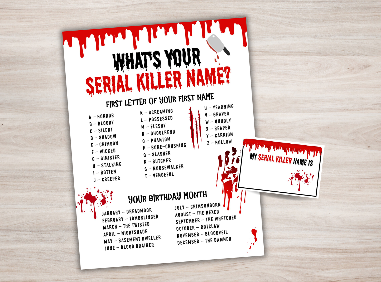 Halloween-themed 'What's Your Serial Killer Name?' game on a wooden surface