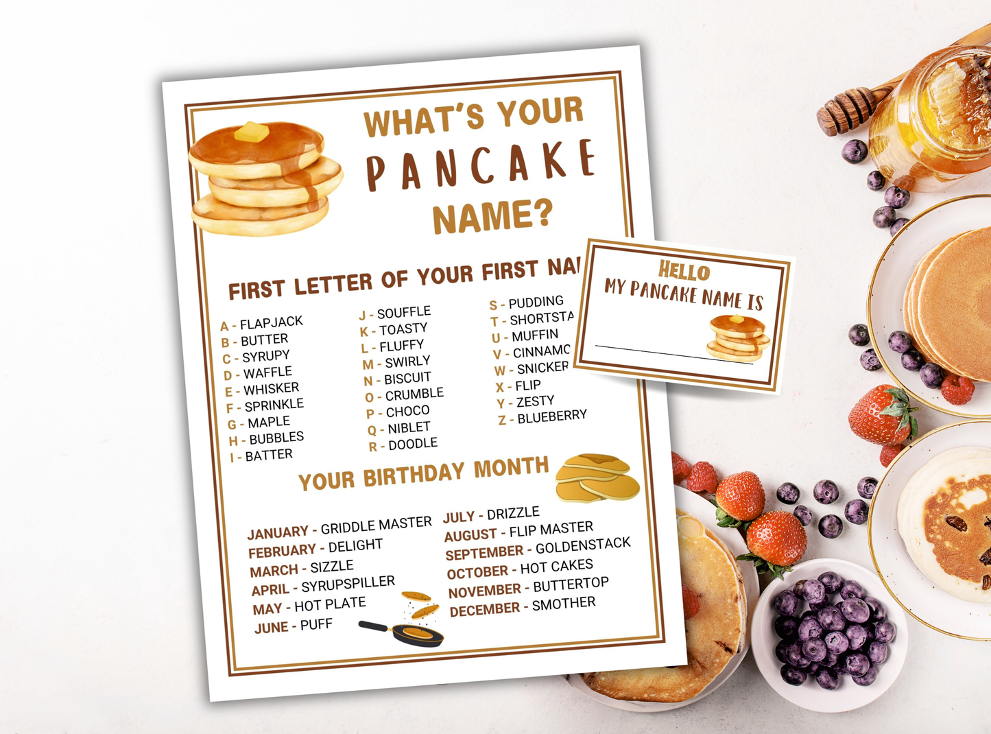 Pancake-themed birthday game with printables and breakfast items on a white surface