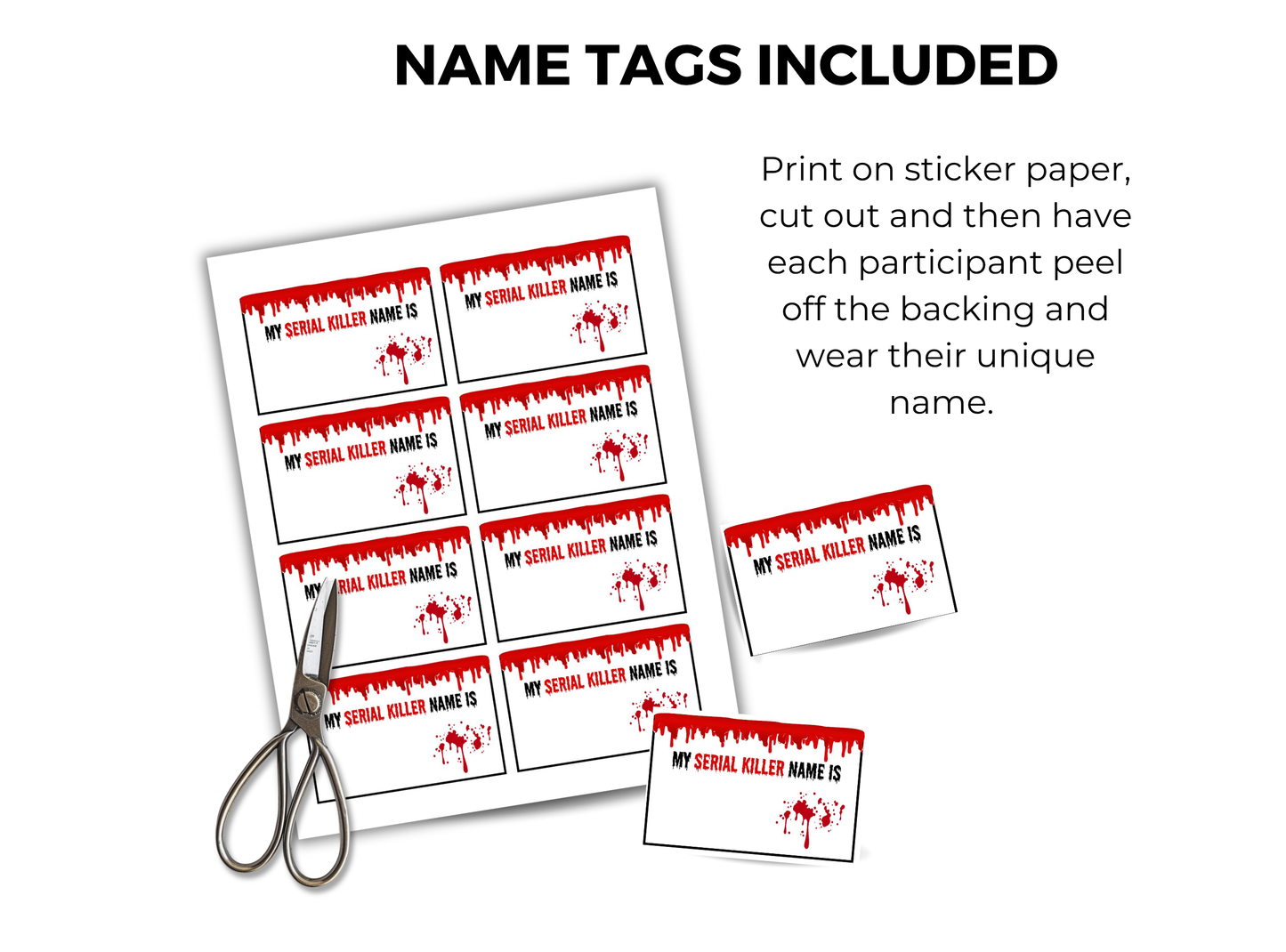 Name tags with 'My Serial Killer Name Is' text and a pair of scissors on a white background.