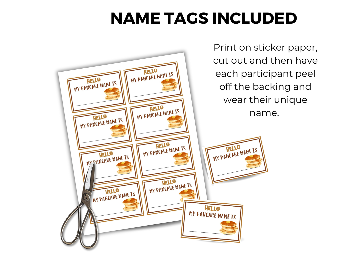 Sheet of name tags with text and graphics, scissors on a white background