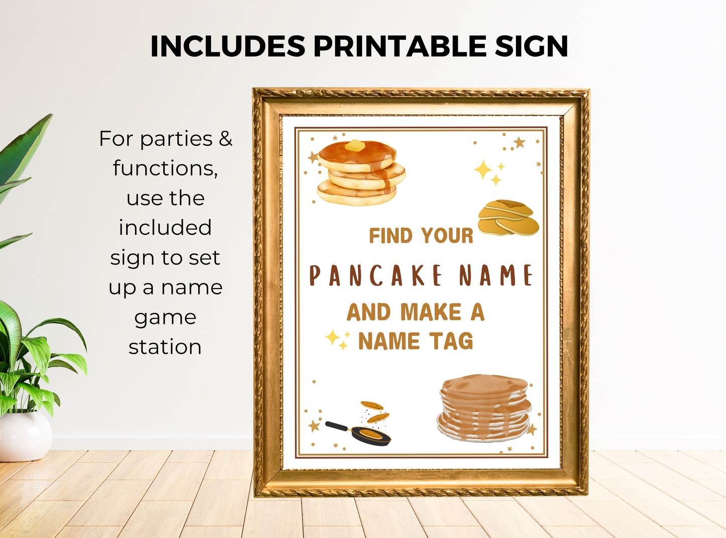 Framed printable sign for a pancake-themed name game station with decorative elements.