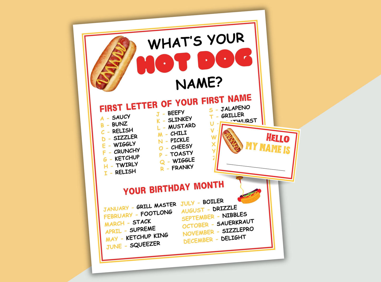 Game sheet titled 'What's Your Hot Dog Name?' with a small card on a beige background
