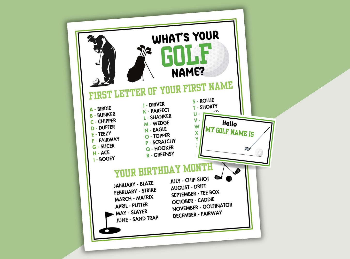 Golf-themed name generator card with green and white design on a light green background