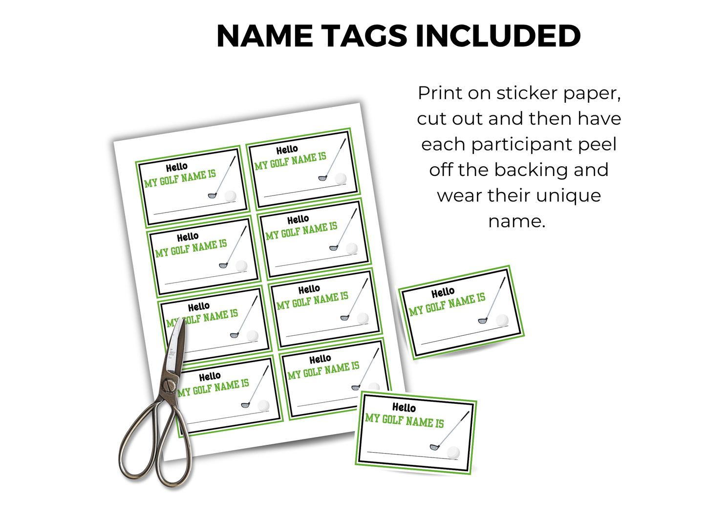 Sheet of name tags with text and a pair of scissors on a white background