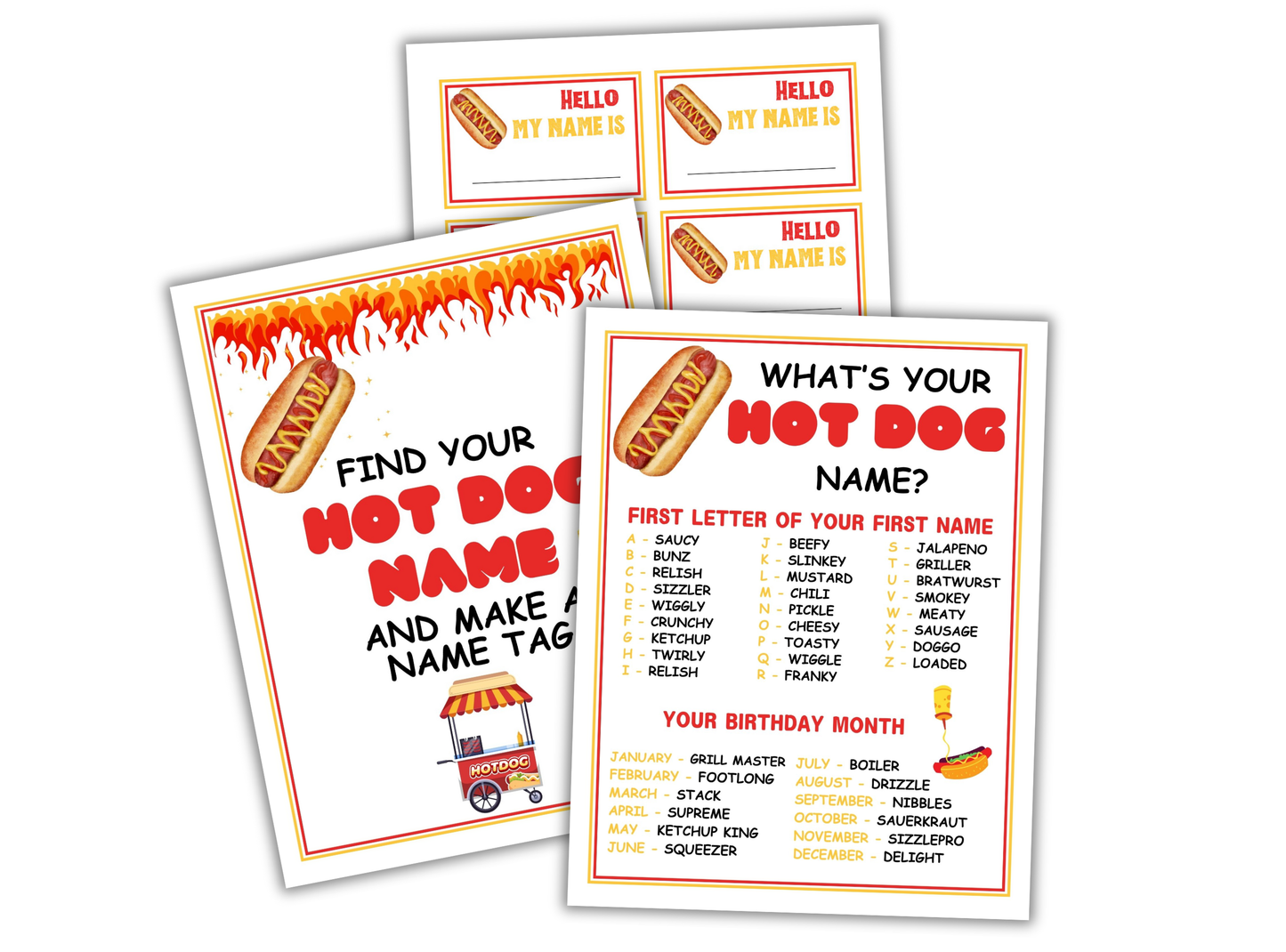 Set of three cards with hot dog-themed name tags and activities on a white background