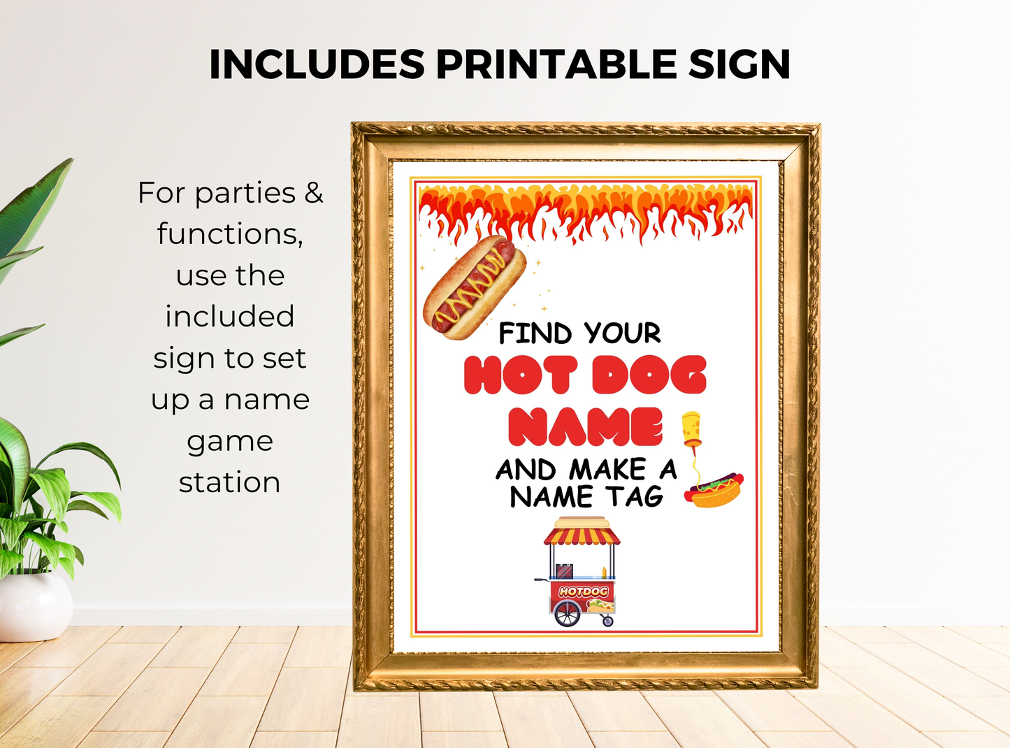 Framed printable sign with hot dog-themed design on a white wall.