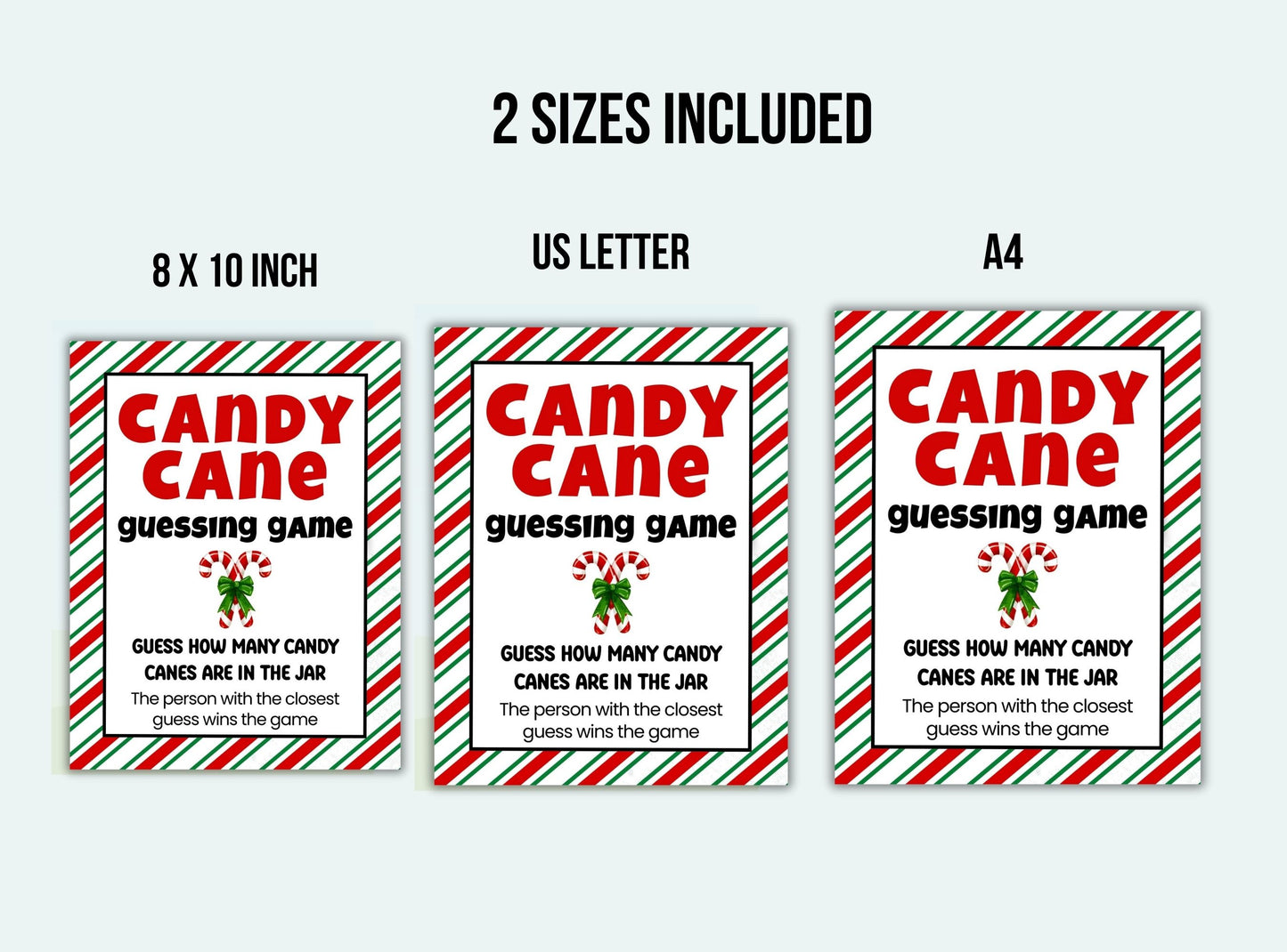 Three versions of a 'Candy Cane Guessing Game' flyer with different sizes on a white background.