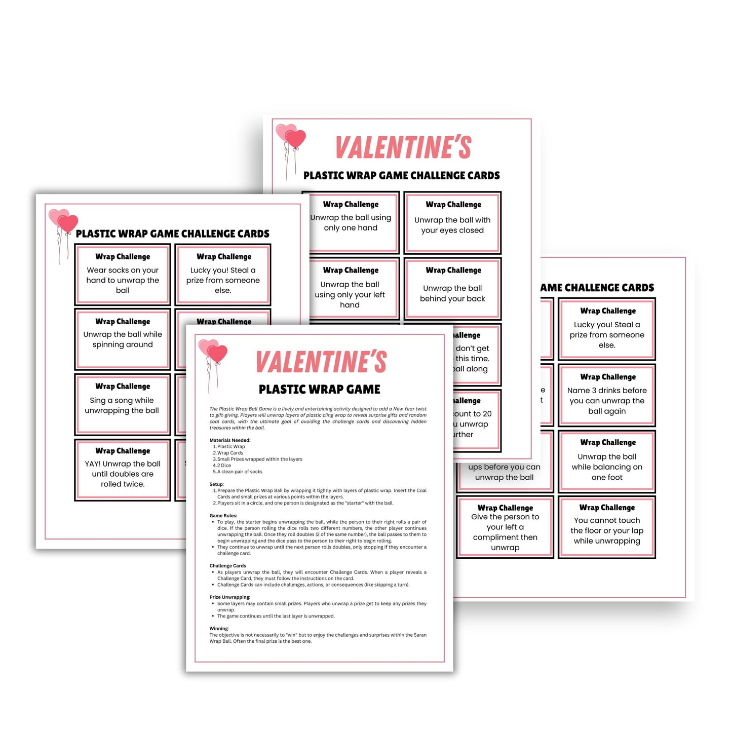 Printable Valentine's Plastic Wrap Ball Game Challenge Cards