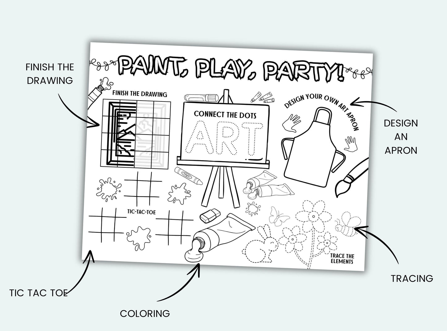 Children's activity sheet with various art-related tasks on a white background