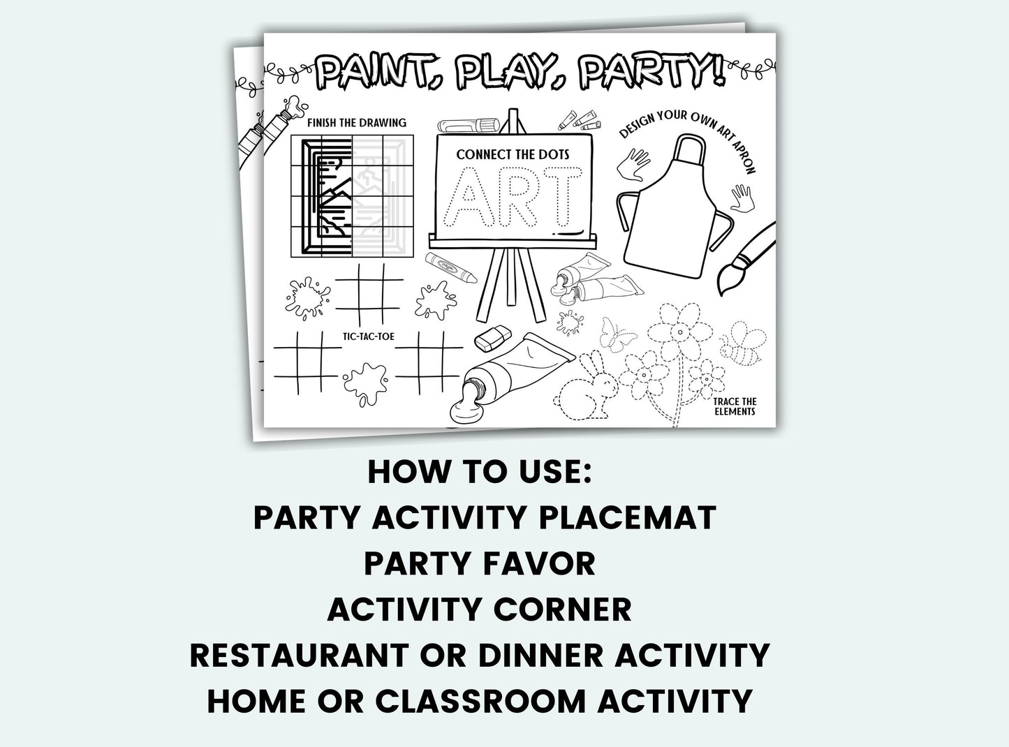 Party activity placemat with black and white illustrations on a white background
