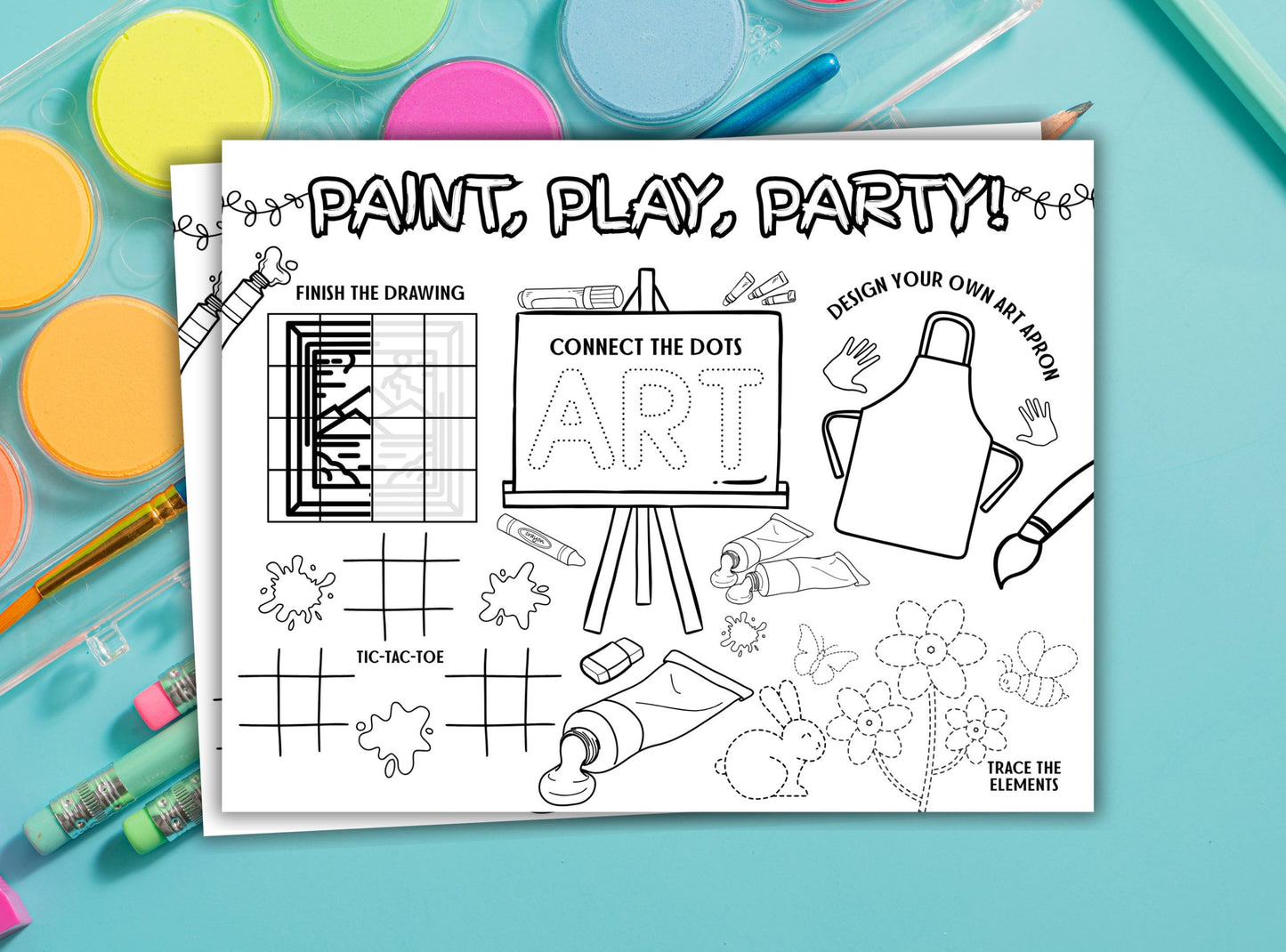 Coloring book with art-themed activities on a blue background with art supplies.