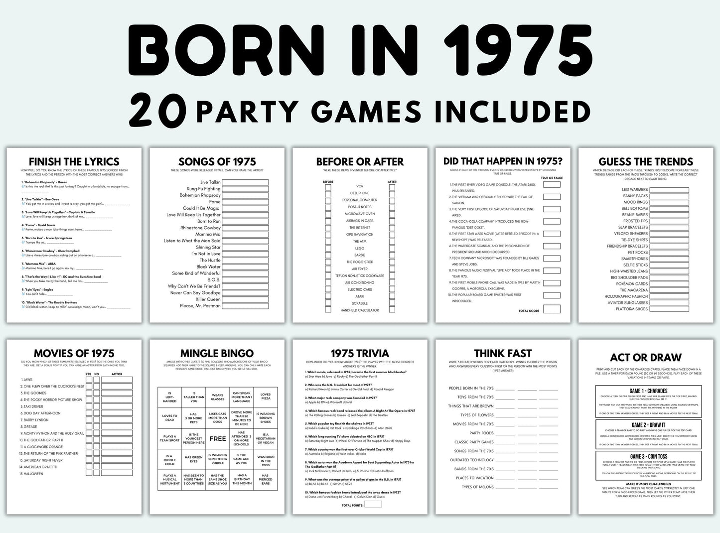 Printable Born In 1975 Party Game Bundle