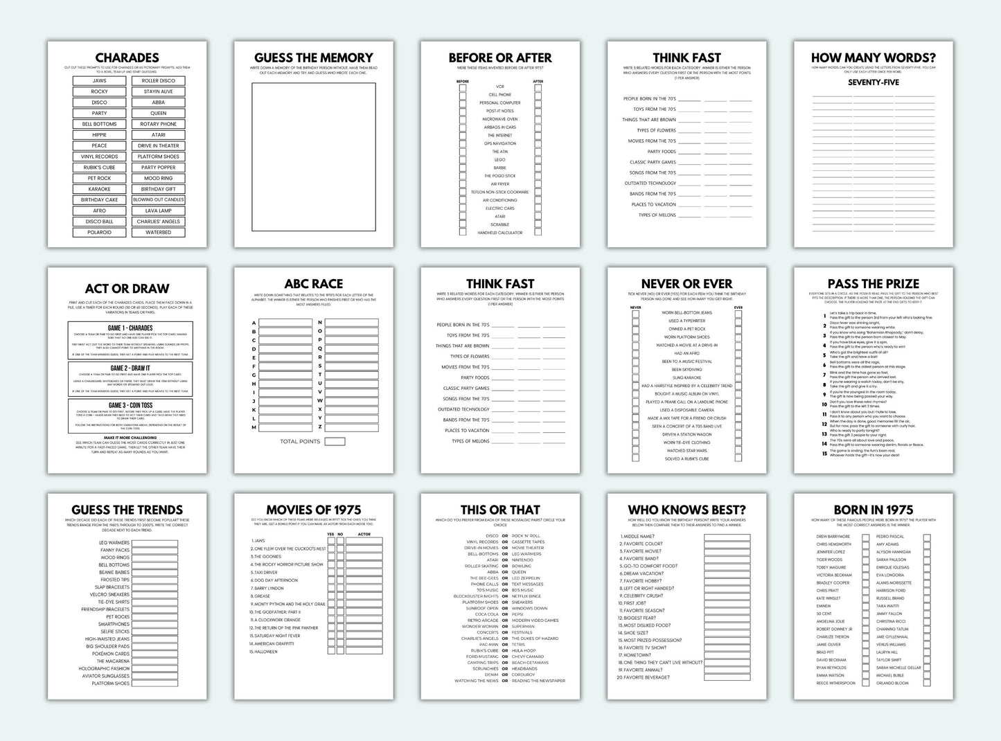 Printable Born In 1975 Party Game Bundle