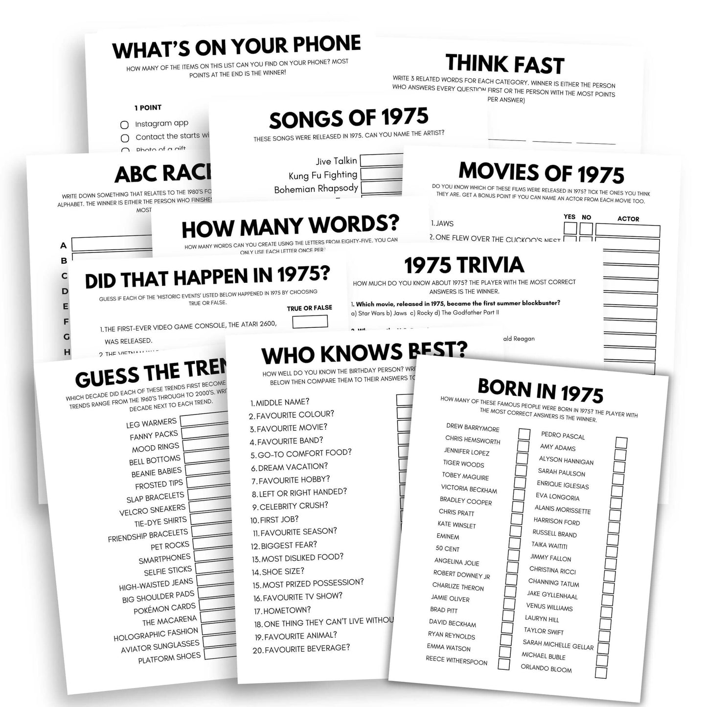 Printable Born In 1975 Party Game Bundle