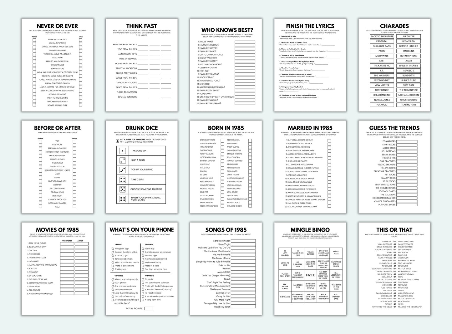 Printable Born In 1985 Party Game Bundle