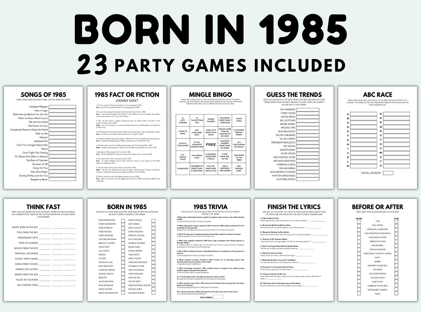 Printable Born In 1985 Party Game Bundle