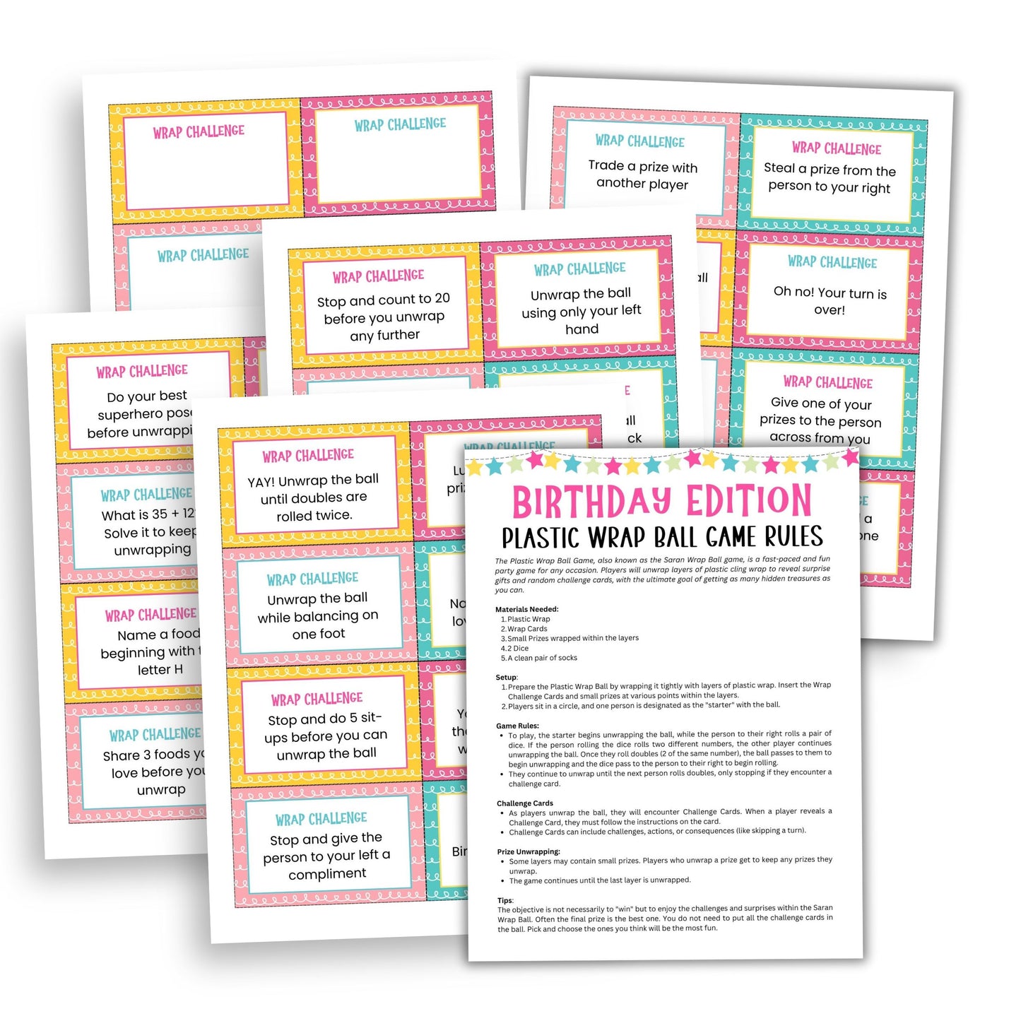 Printable Birthday Plastic Wrap Ball Game Challenge Cards