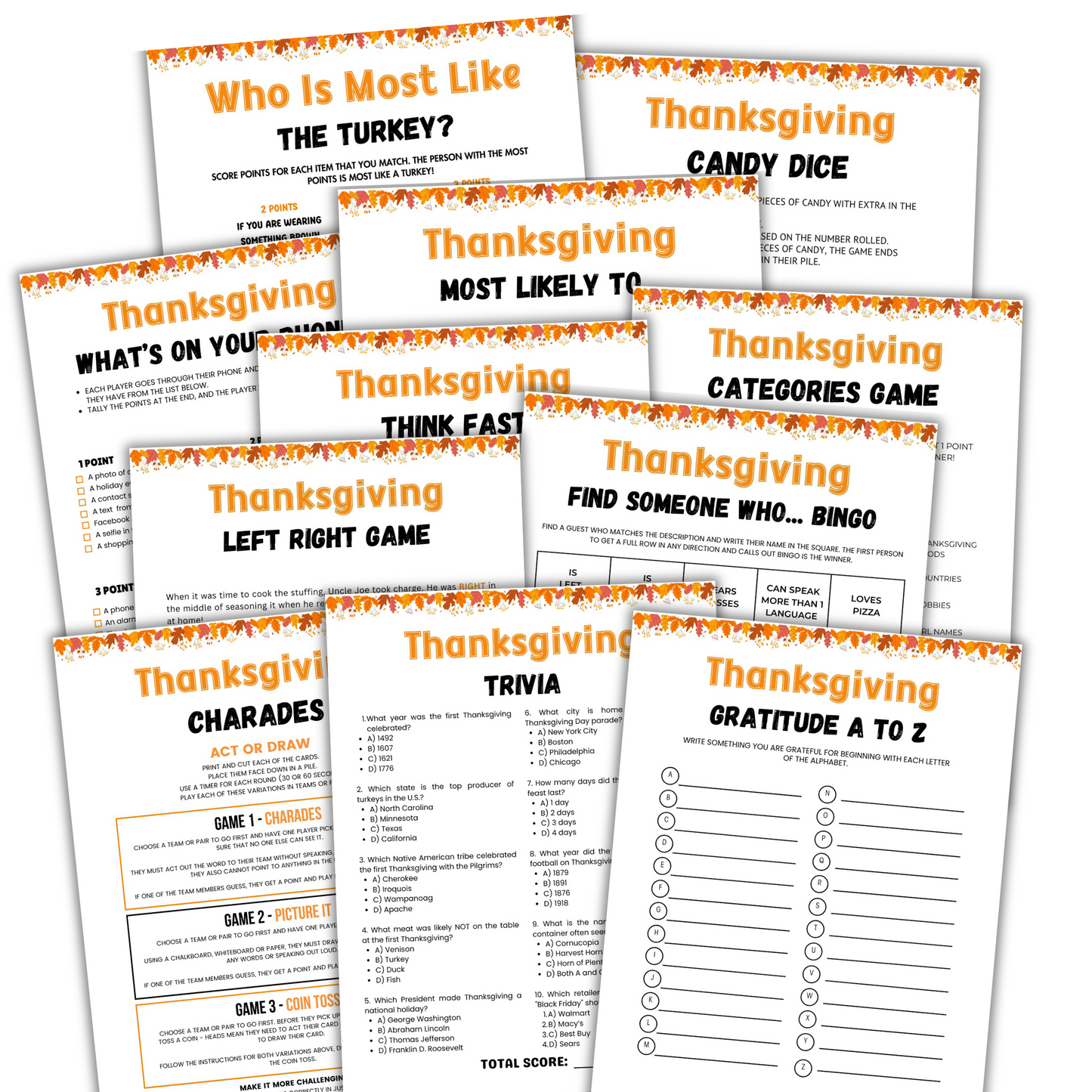 Collection of Thanksgiving-themed games and activities on printed sheets.