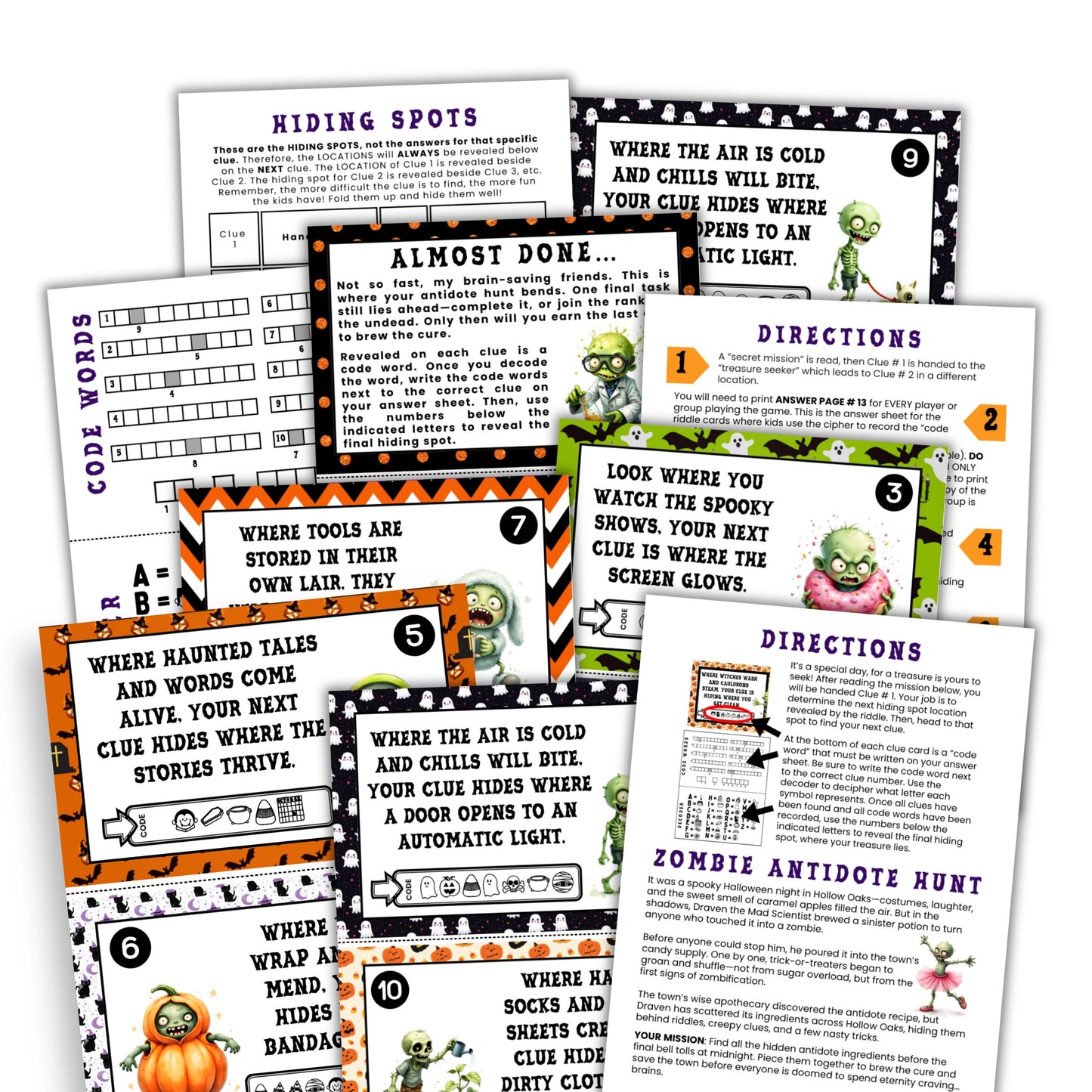 Halloween-themed clue cards with zombie graphics and text instructions on a white background