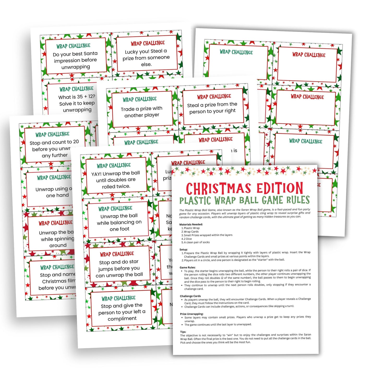 Printable Christmas Plastic Wrap Ball Game Challenge Cards