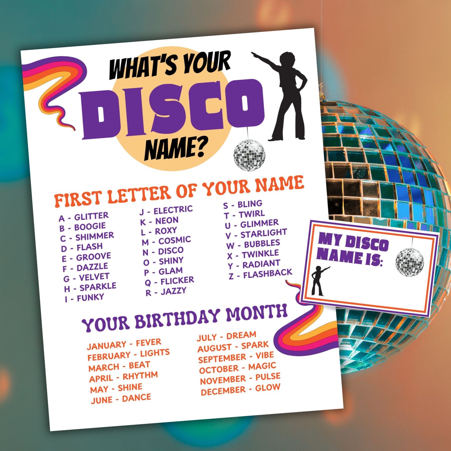 Disco-themed name generator with colorful text and a disco ball in the background