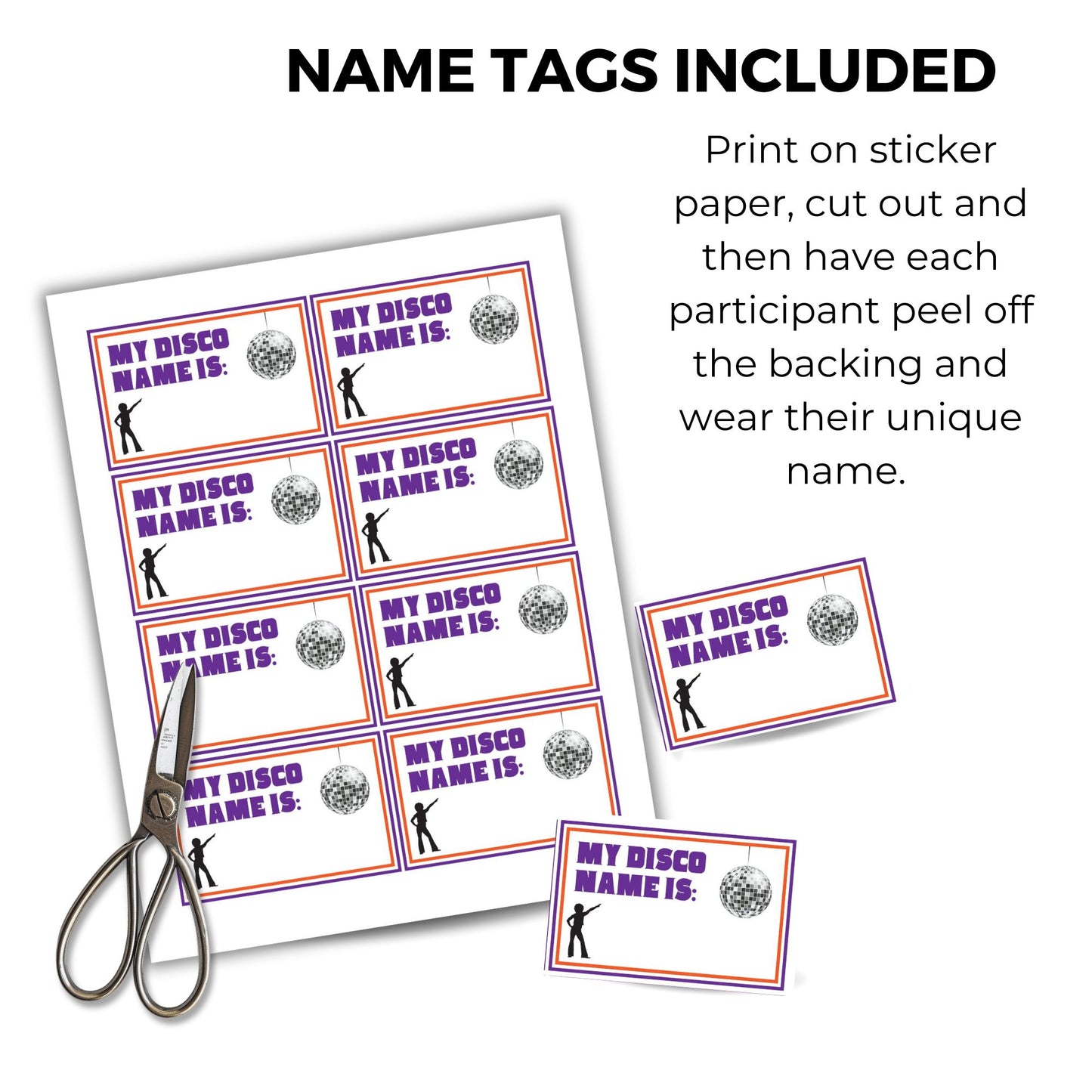 Name tags for a disco party with scissors on a white background
