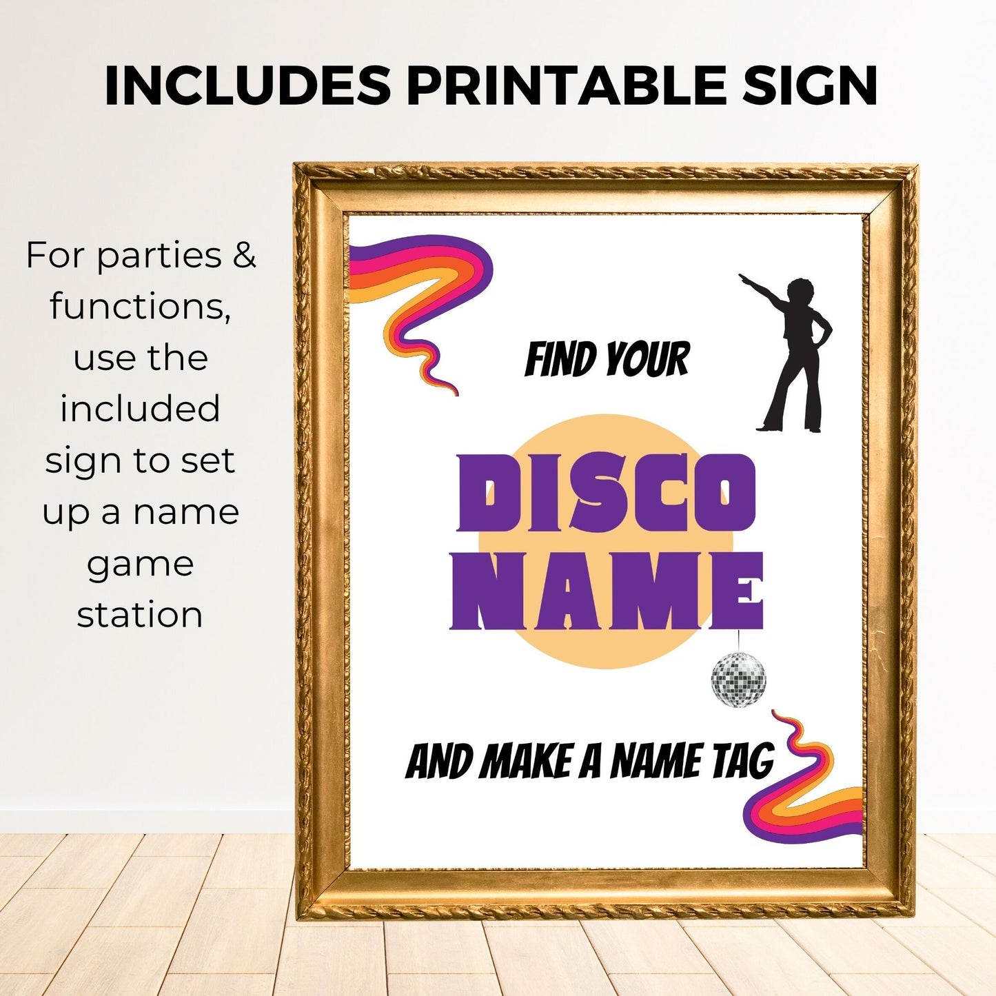 Decorative sign with 'Find Your Disco Name' text and instructions on a white background