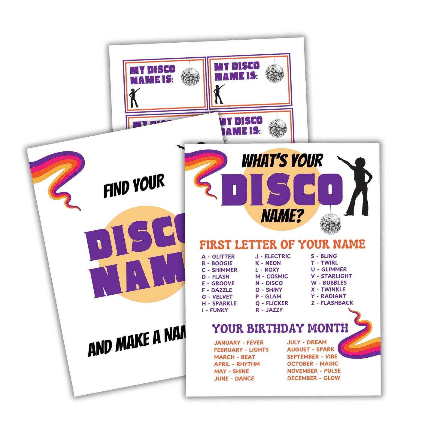 Three disco-themed name games with colorful designs on a white background