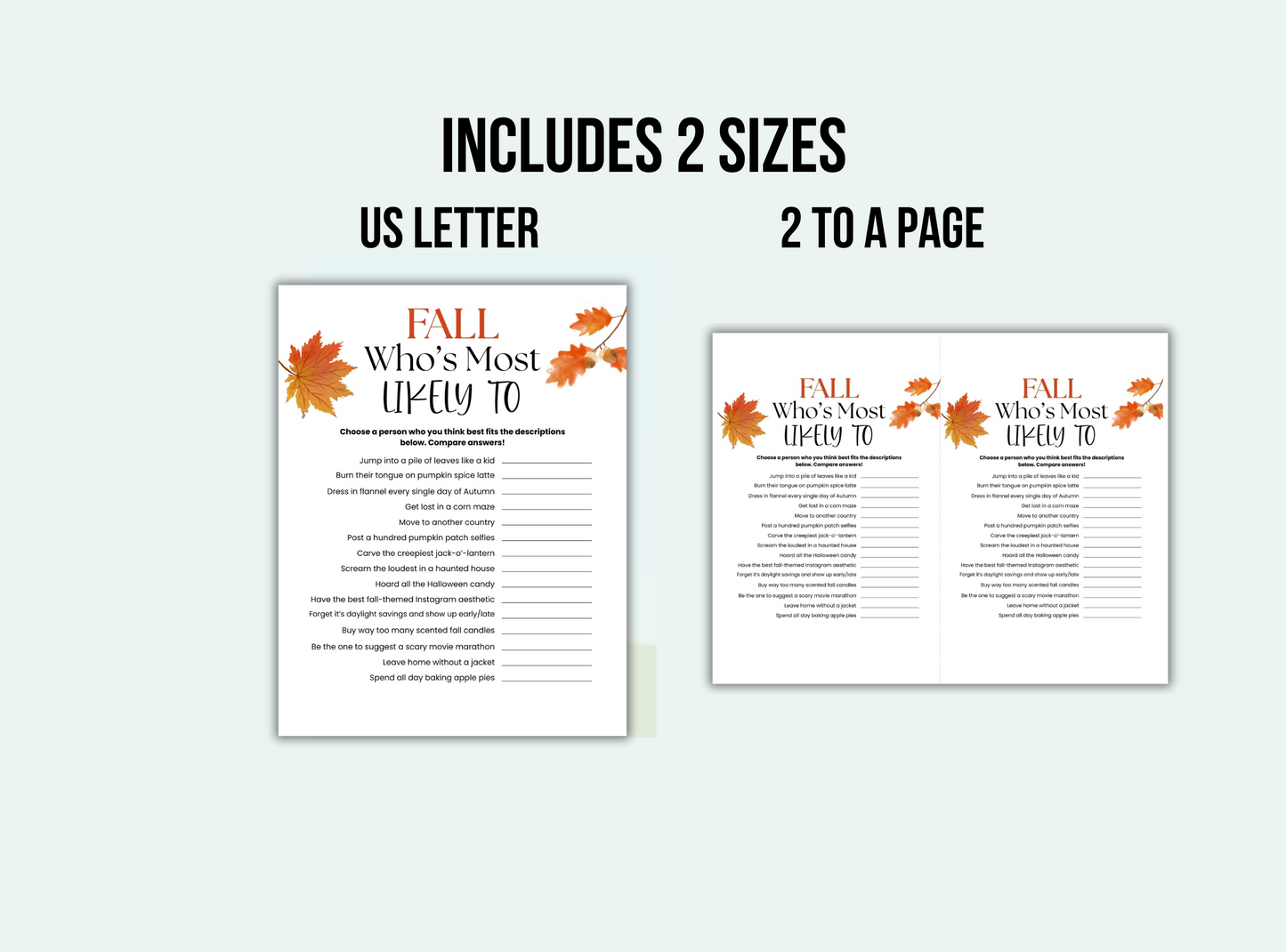 Two US Letter size printables with fall-themed text and leaf graphics on a light gray background.