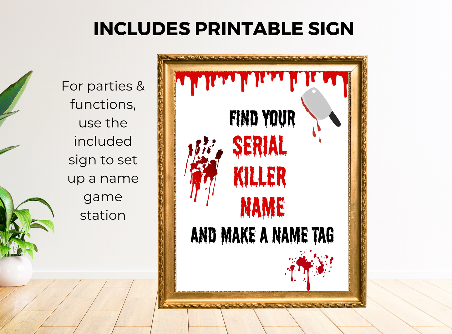 Decorative sign with text and blood-like design, framed in gold, on a white background.