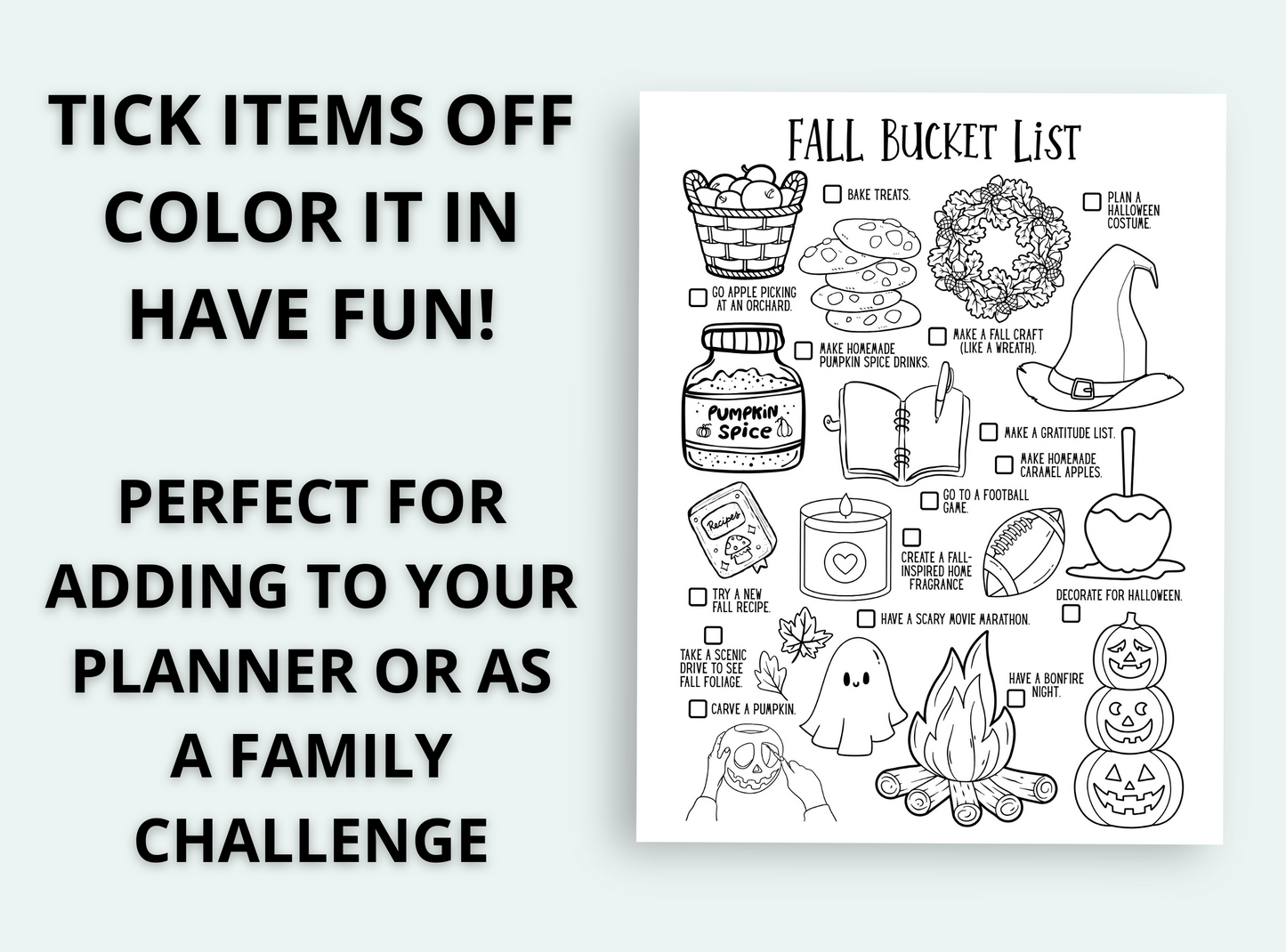 Halloween-themed fall bucket list with illustrations and text on a light gray background
