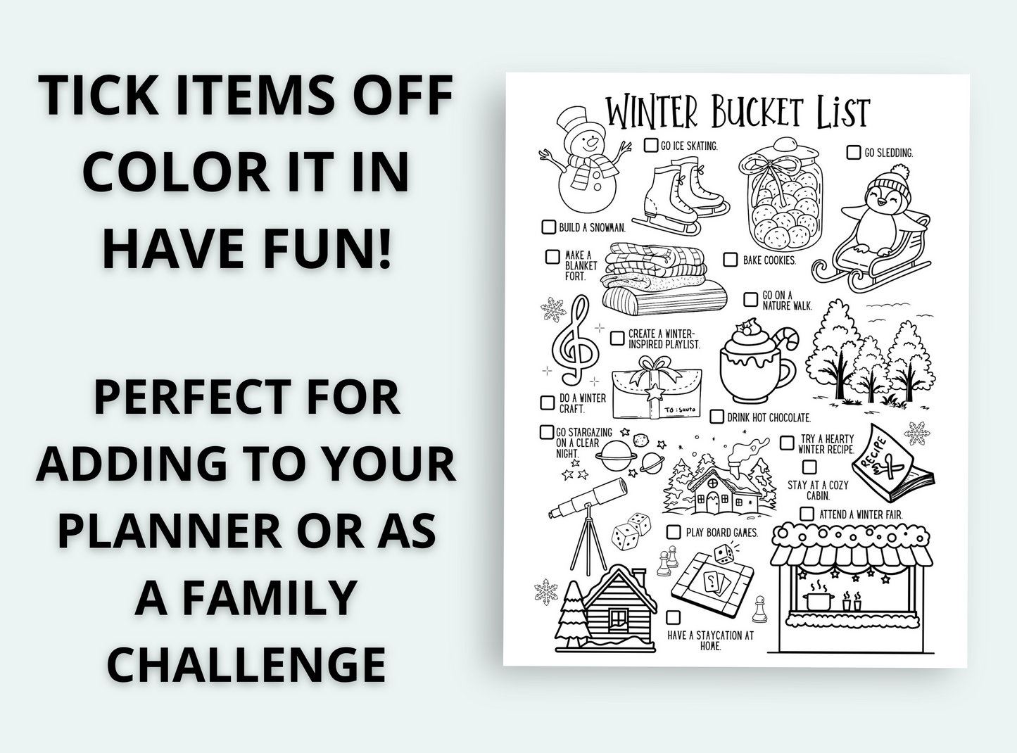 Winter bucket list with checkboxes and coloring guide on a white background