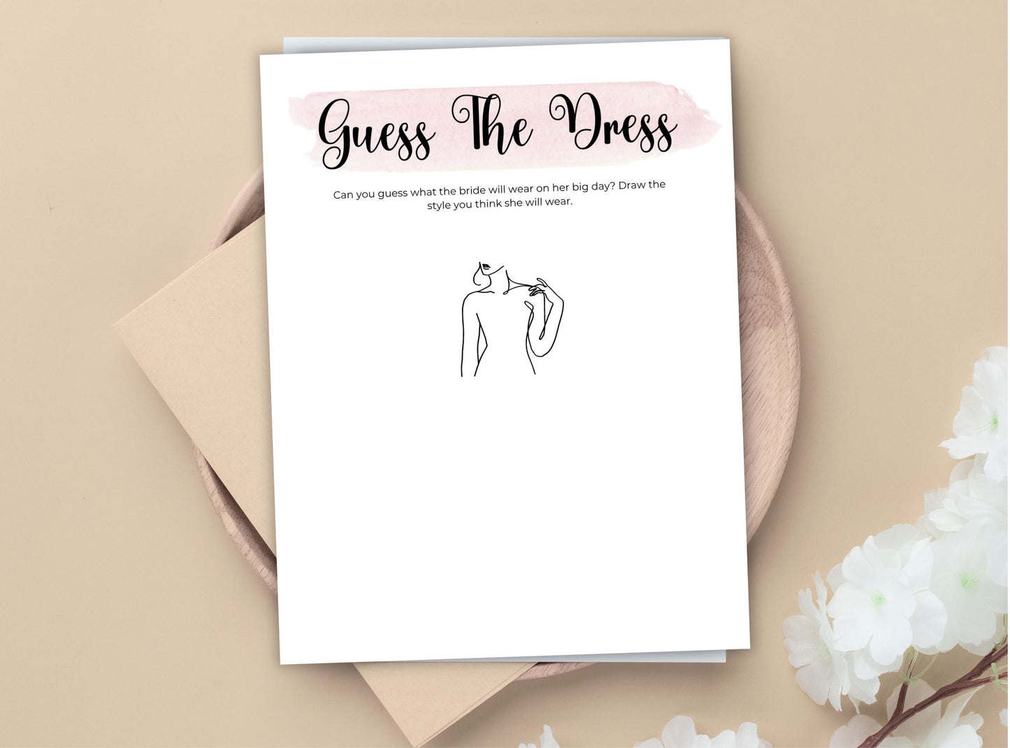 Card with 'Guess the Dress' game on a beige background