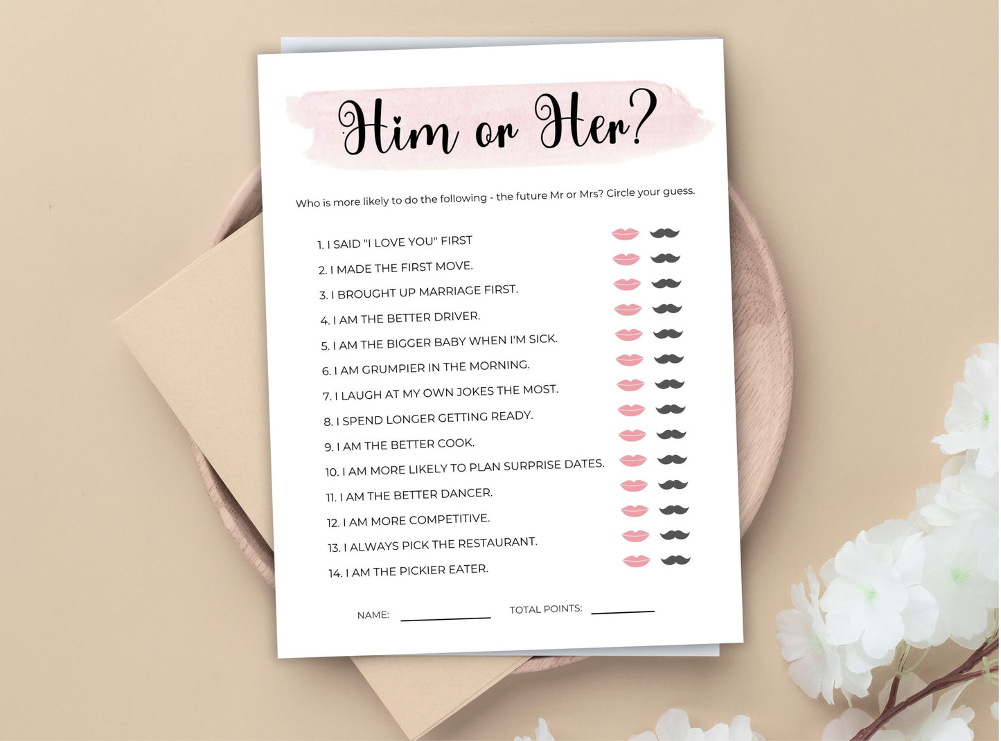 Gender reveal questionnaire with pink and black text on a beige background