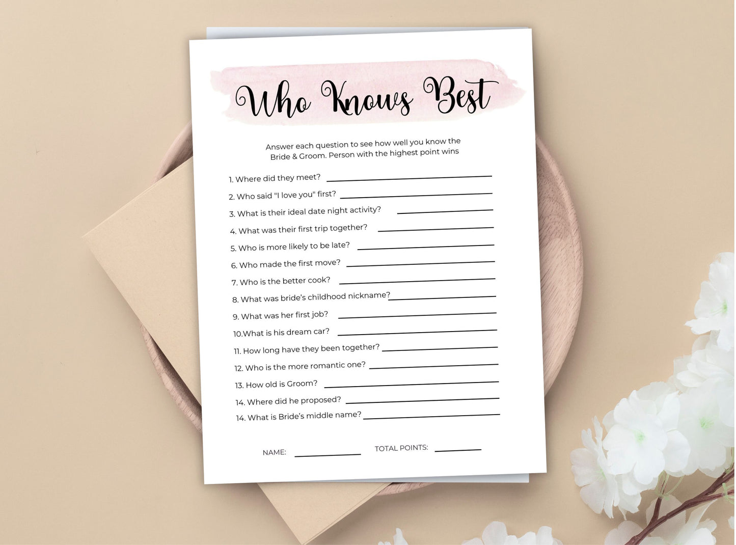 Bridal shower game card titled 'Who Knows Best' on a beige background with flowers.