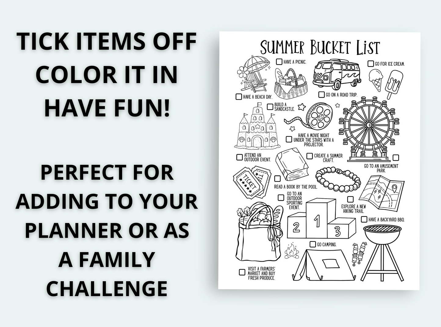 Summer bucket list coloring sheet with text on a light blue background