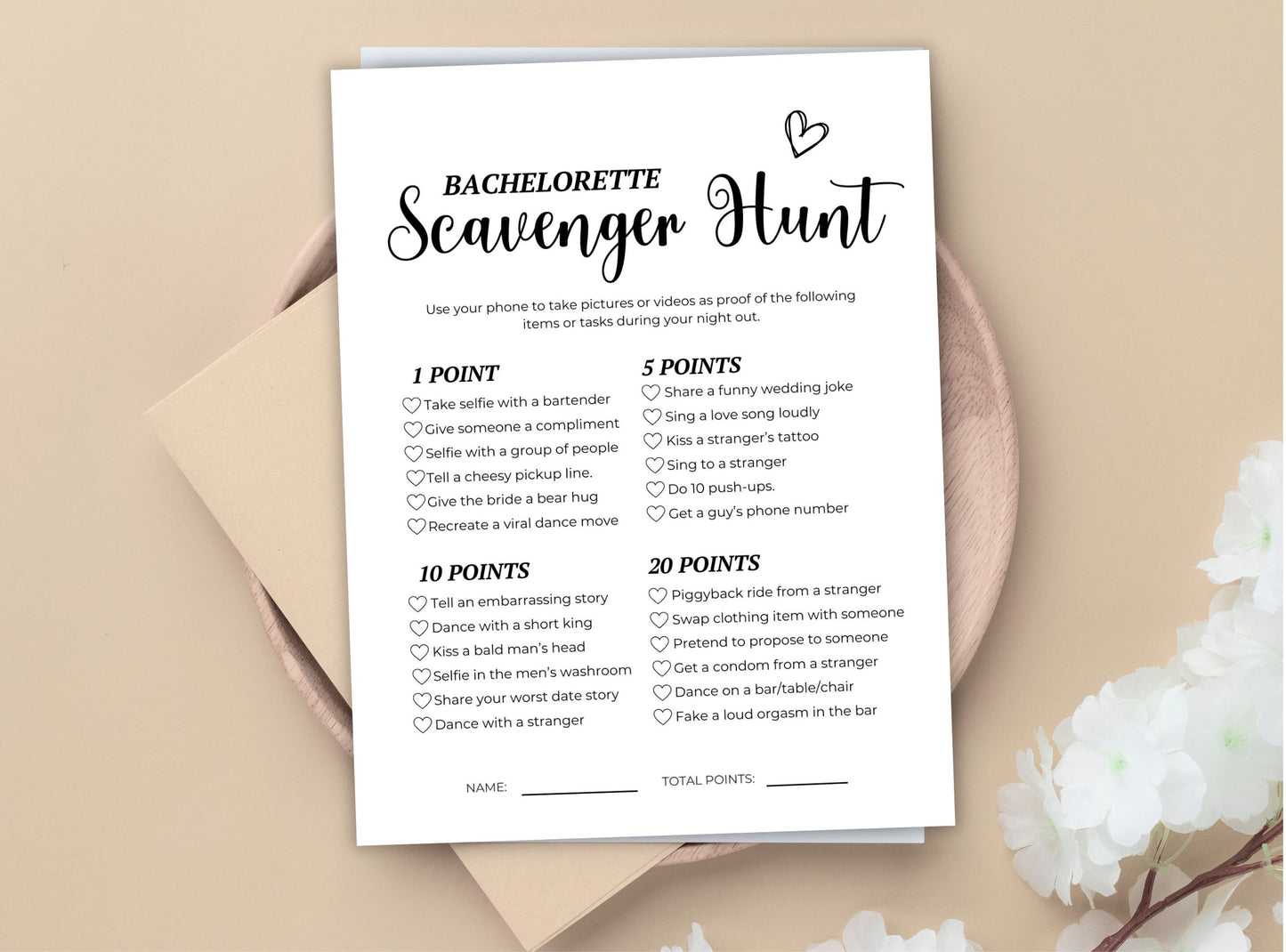 Bachelorette Seavenger Hunt game sheet on a beige background with flowers.