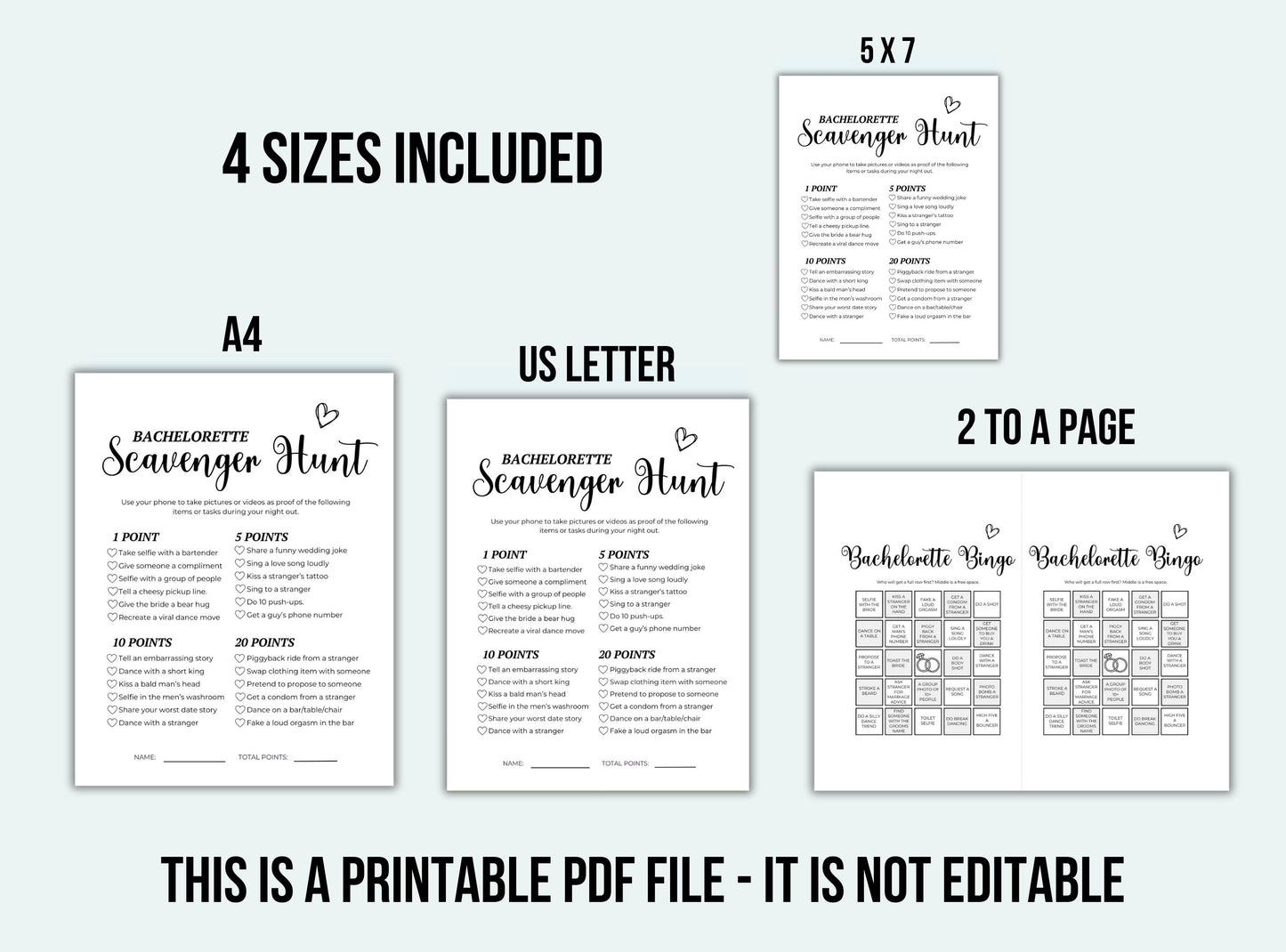 Set of Bachelorette Scavenger Hunt printables in various sizes on a white background.