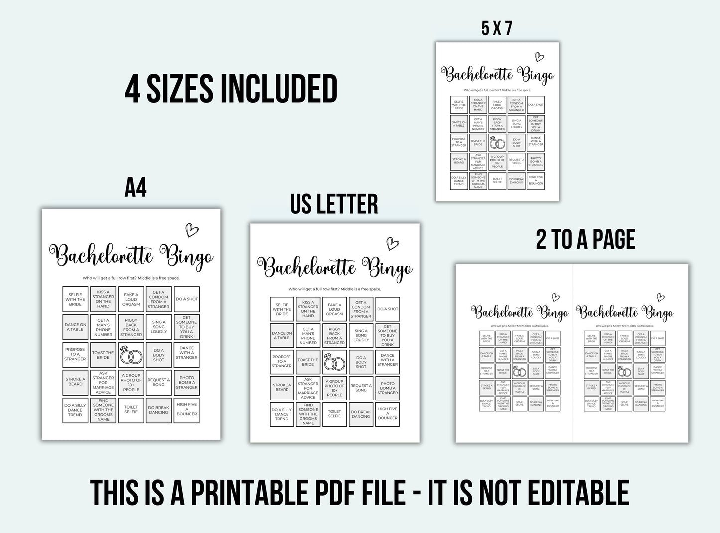Bachelorette Bingo printables in various sizes on a white background