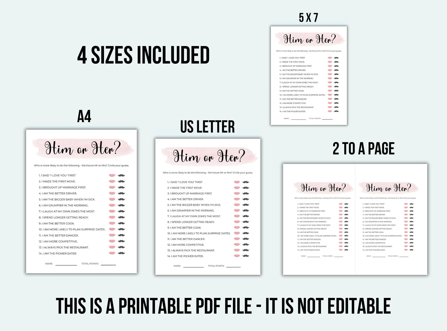 Set of printable 'Him or Her?' question sheets with various sizes displayed.