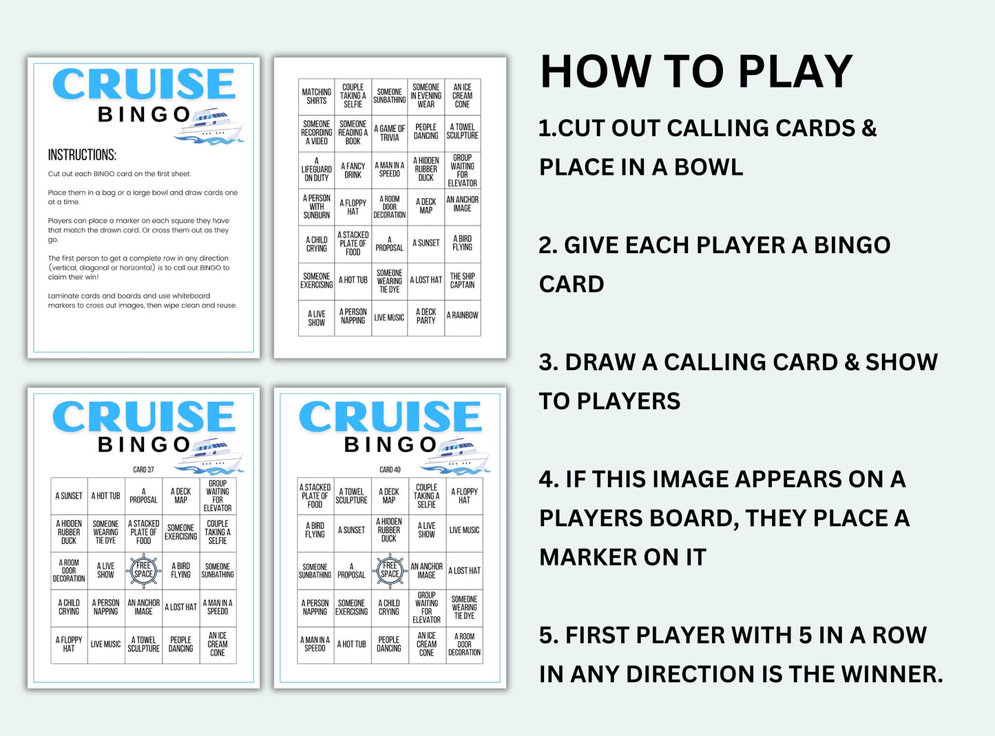 Cruise Bingo game cards with instructions on a white background