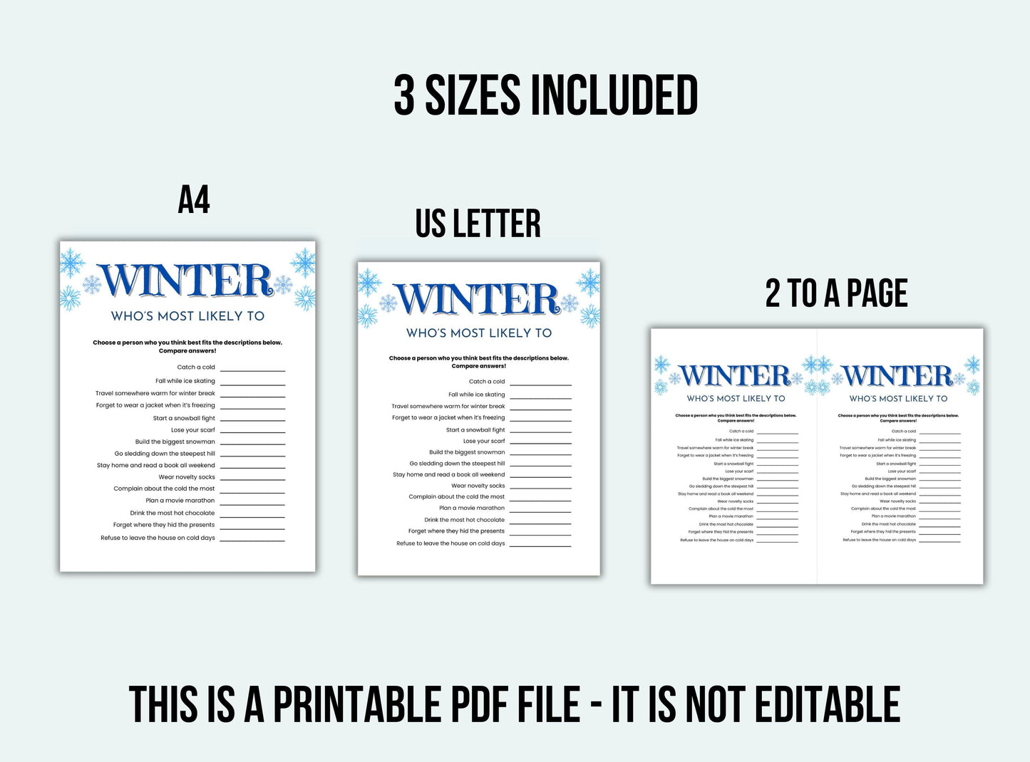Three versions of a printable winter-themed PDF questionnaire on a light gray background.