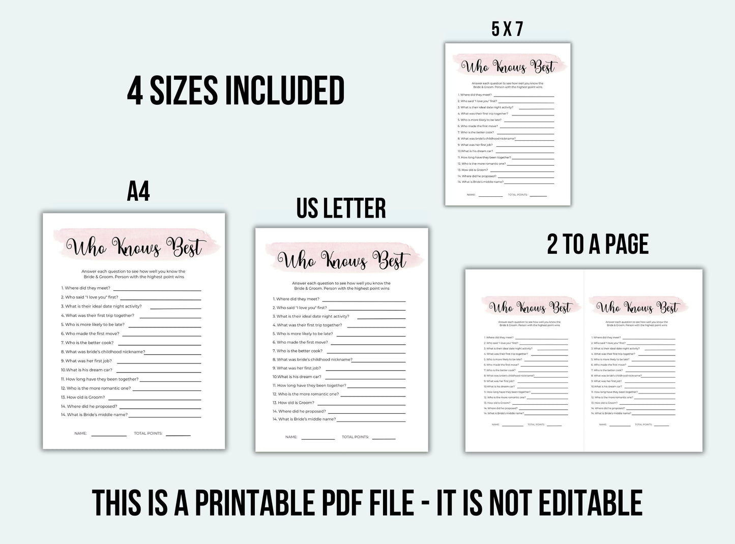 Printable 'Who Knows Best' game sheets with various sizes displayed on a white background.