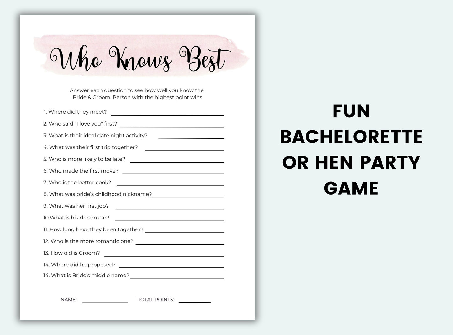 Bachelorette or hen party game sheet with questions on a light gray background