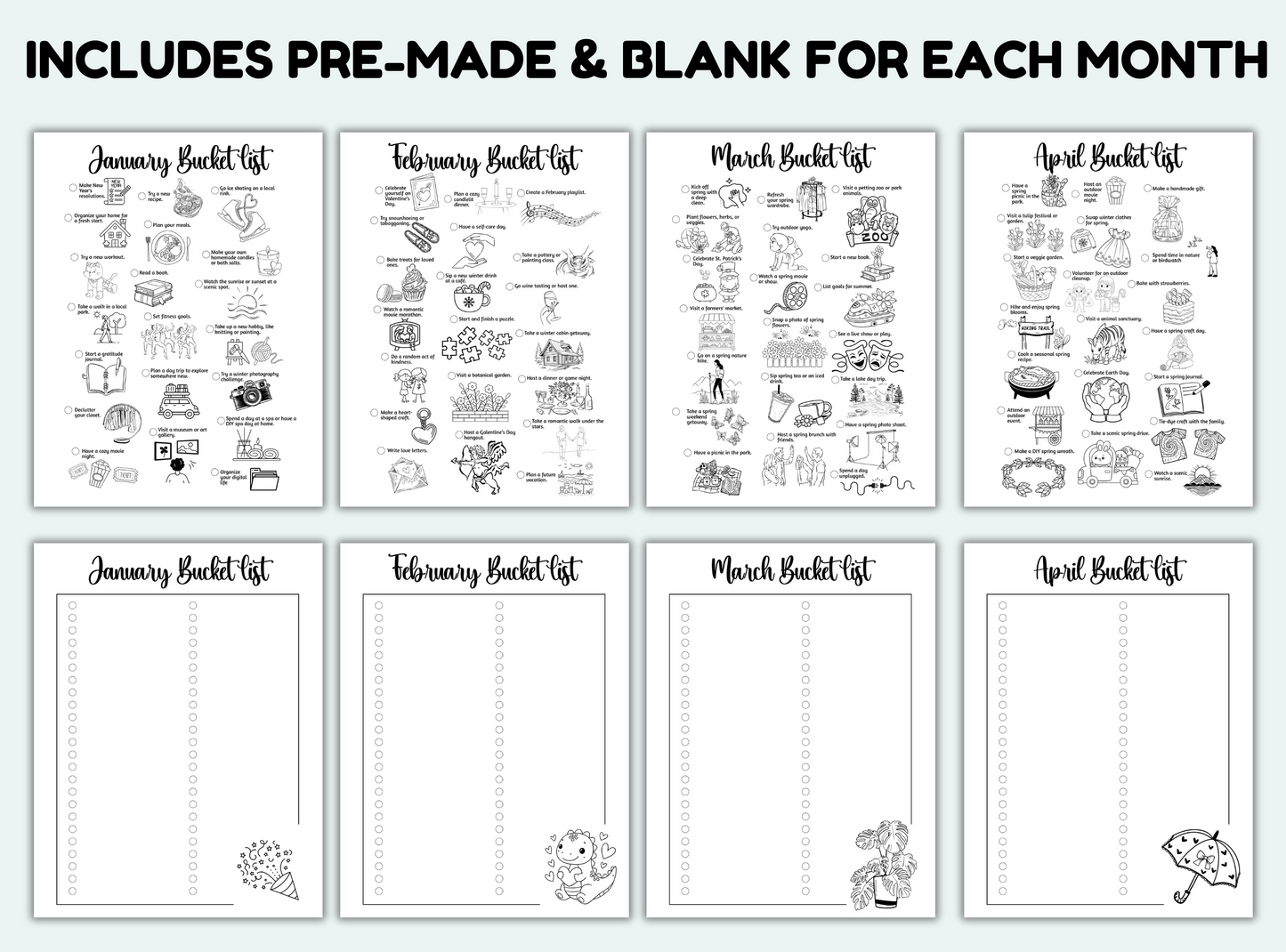 Set of black and white bucket list templates for each month of the year.