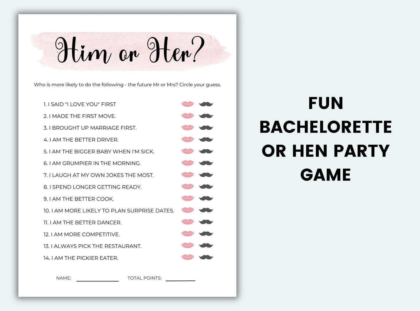 Bachelorette or hen party game sheet with pink and black design on a light gray background