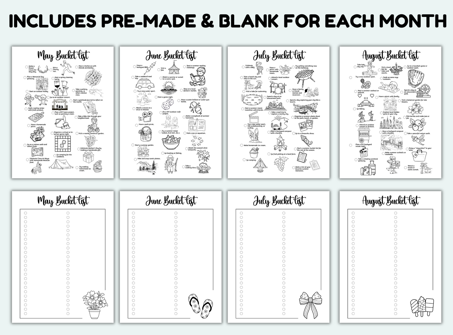 Set of black and white bucket list templates for each month of the year.