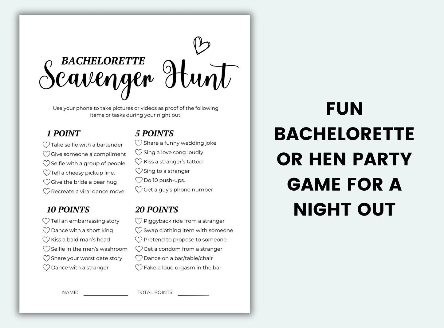 Bachelorette Scavenger Hunt game sheet with points and activities on a white background