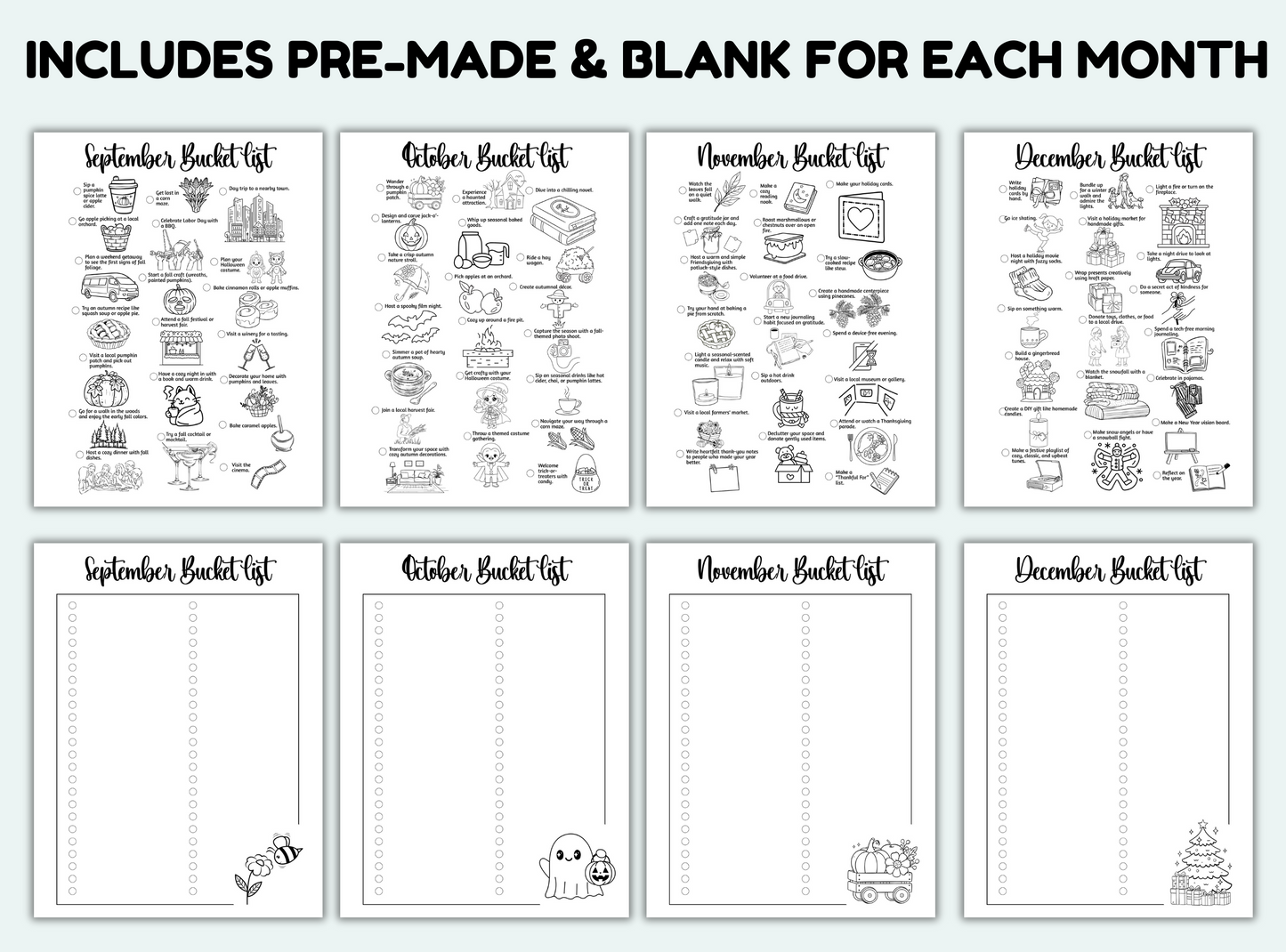 Set of four pre-made bucket list templates for each month of the year.
